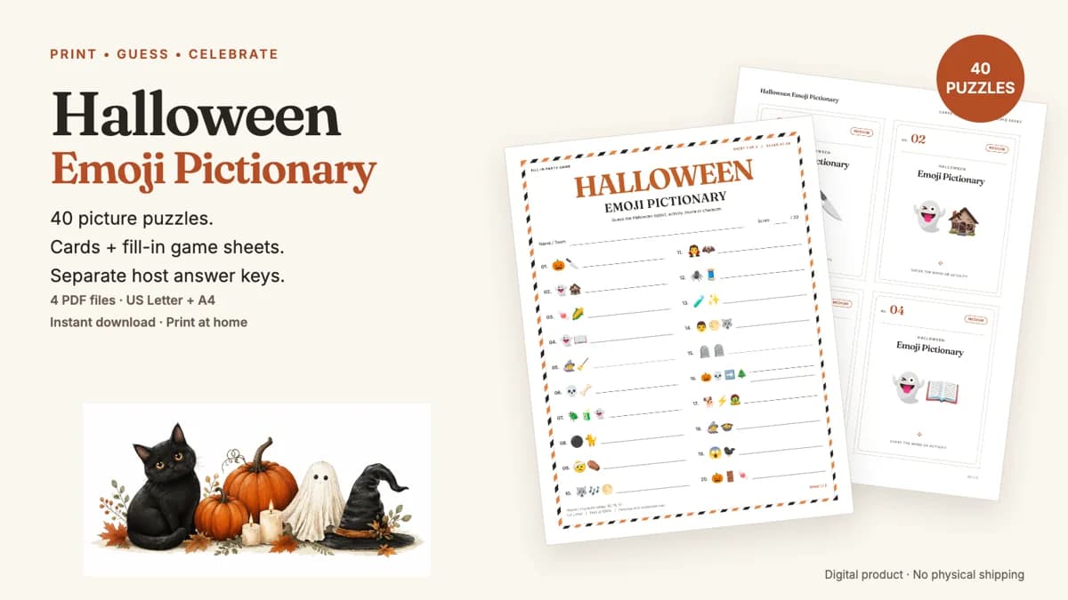 Preview of the Halloween emoji cards and fill-in worksheet included in the printable pack